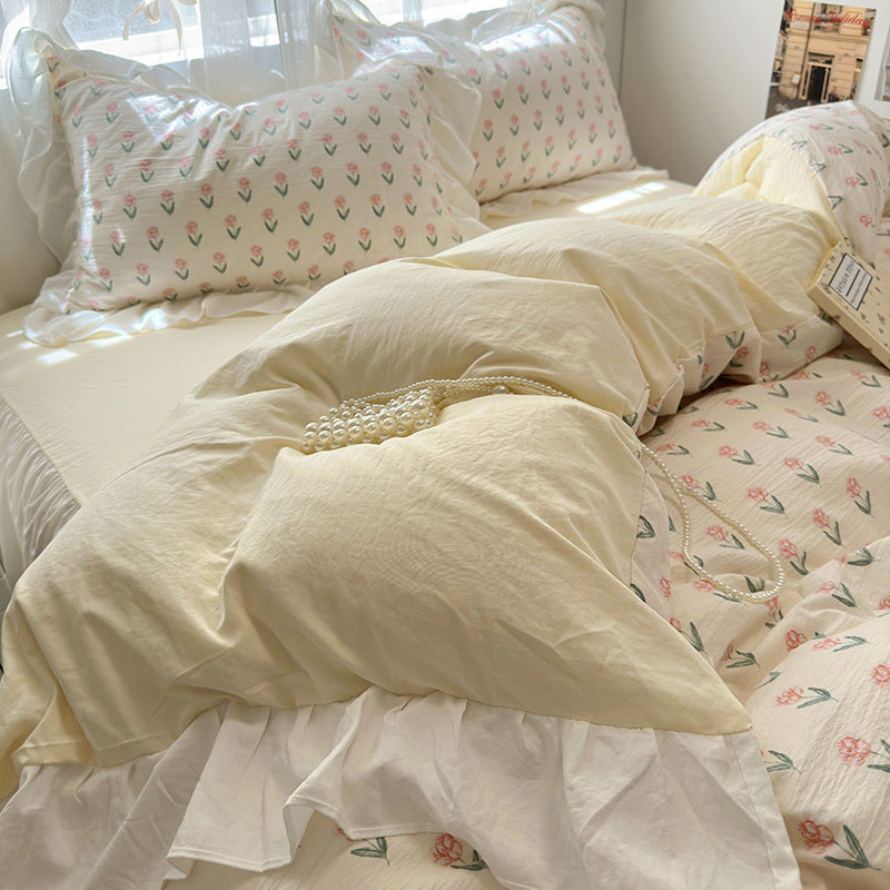 Skin friendly French romantic lace washed cotton printed bed bedding skirt four piece set of bed sheets bedsheet - V.I.P Digital Presence