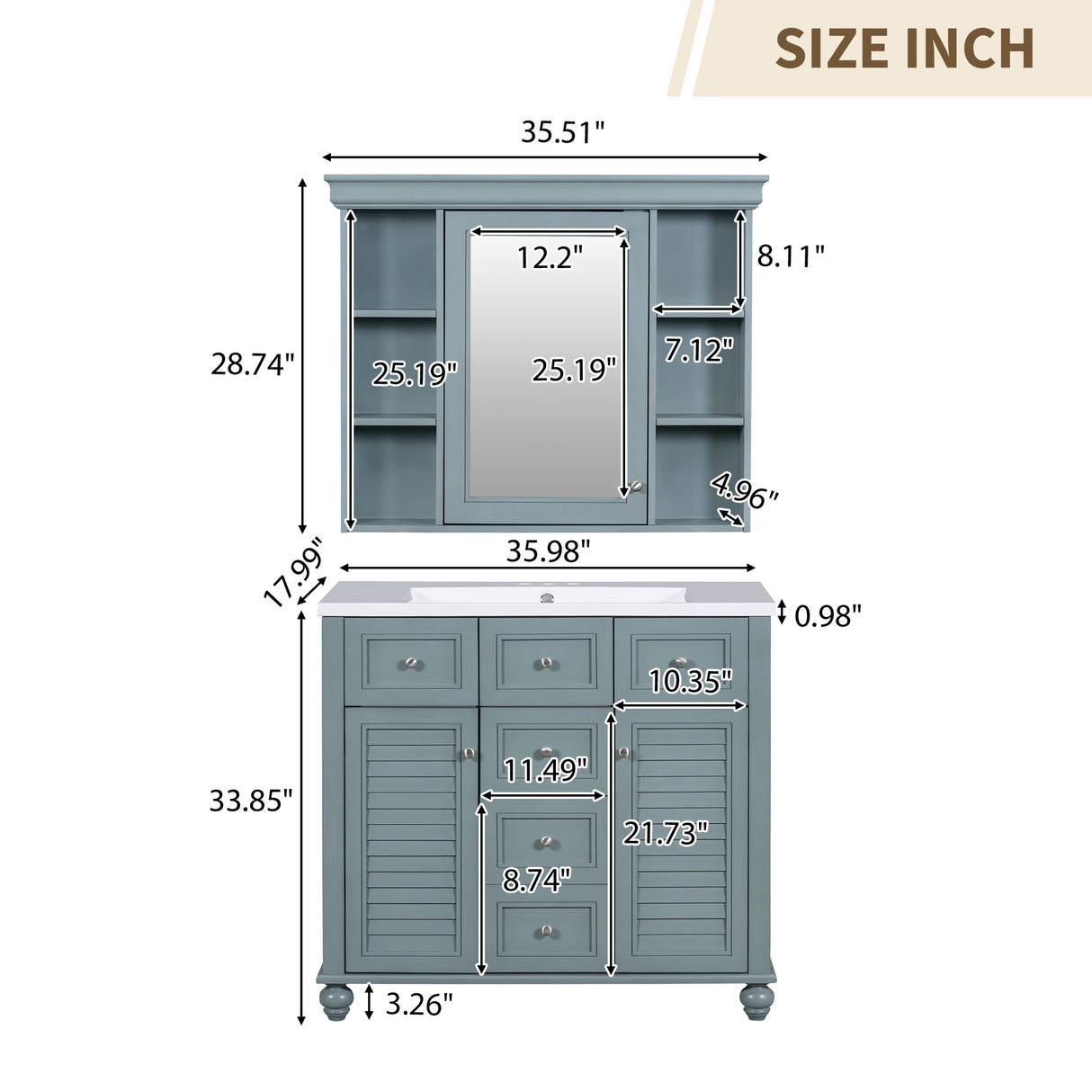 36 inch modern mirror cabinet with adjustable shelves, 2 soft closing doors, and 6 drawer storage cabinet door organizers - V.I.P Digital Presence