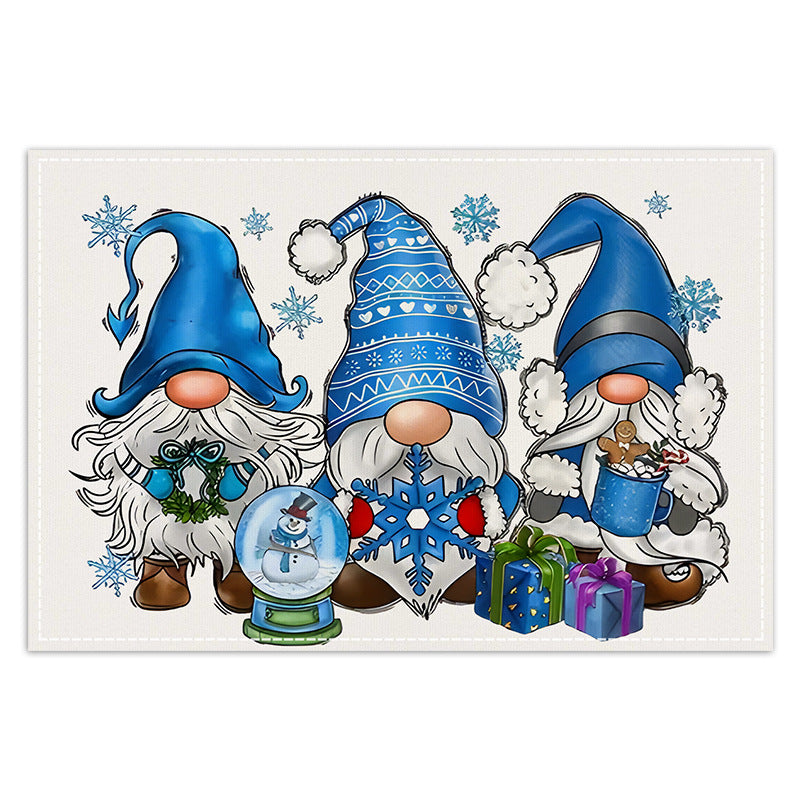 Christmas gnome printed placemat blue series linen dining table insulation mat holiday party decoration table mat - V.I.P Digital Presence