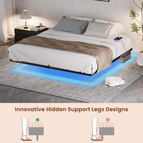 Floating Bed Frame King Size with LED Lights ＆ charging station, Metal Platform Queen Bed, 79.9'' L x 76.2'' W x 7.9'' H. - V.I.P Digital Presence
