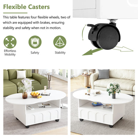 ON-TRANS flexible cream style coffee table with 2 brake wheels, drawers, large storage space, white, 39.37 '' x 23.6 '' - V.I.P Digital Presence