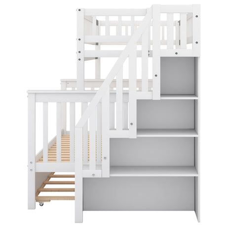 Twin over Full Bunk Bed with Trundle and Staircase White - V.I.P Digital Presence