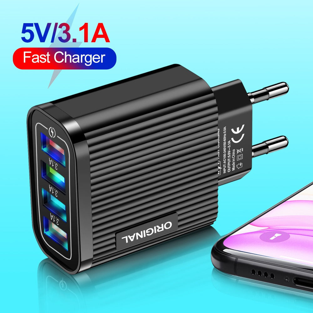 Luminous 4 USB mobile phone charging head, European and American standard travel charger, striped USB smart tablet charger - V.I.P Digital Presence