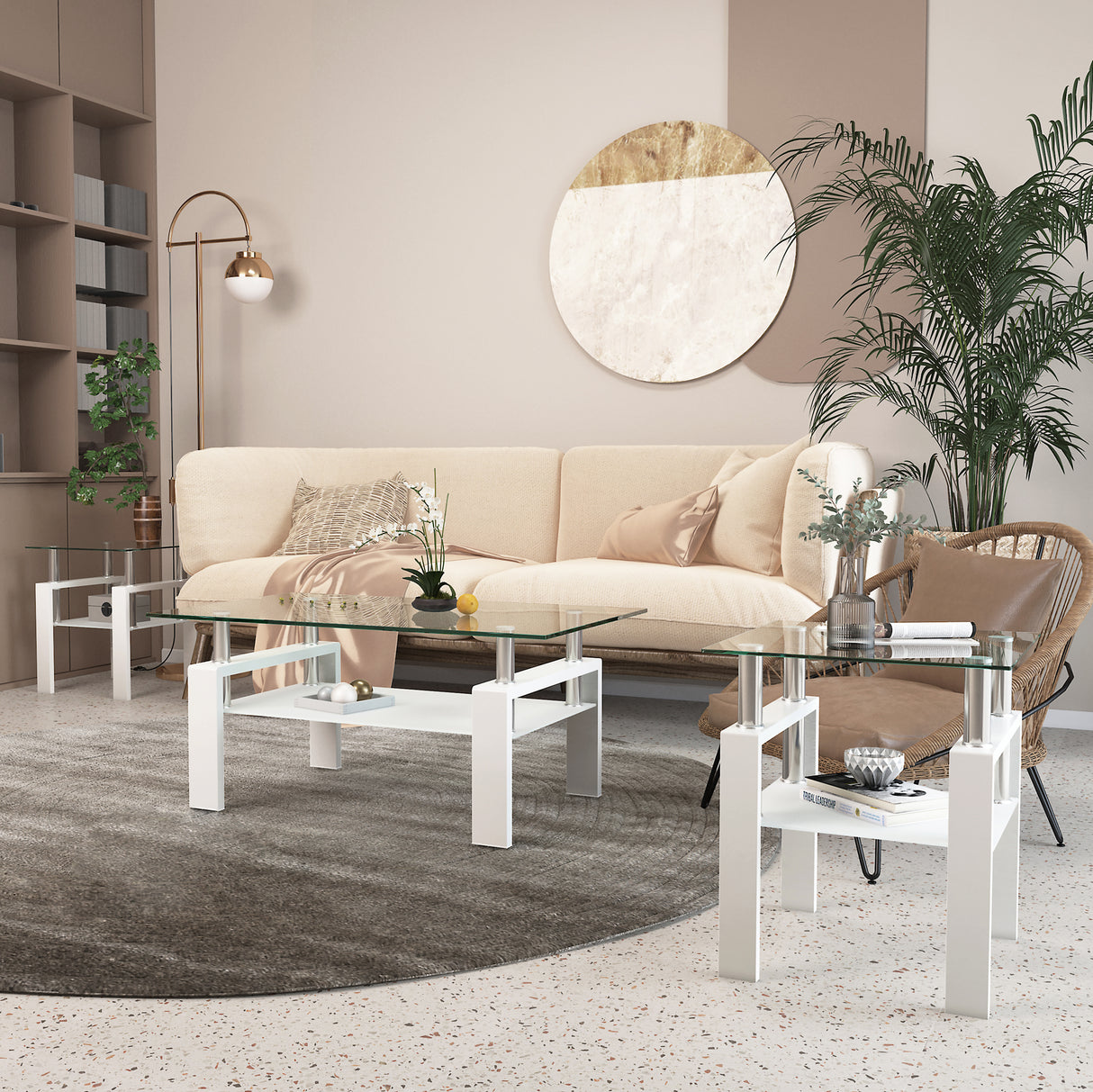 Set of 2, Modern Tempered Glass Tea Table Coffee Table End Table, Square Table for Living Room, Transparent/White - V.I.P Digital Presence