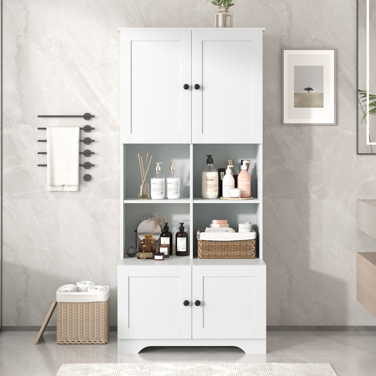 Bathroom storage cabinet, 4-door independent cabinet, adjustable shelf, open multi-layer shelf, white - V.I.P Digital Presence