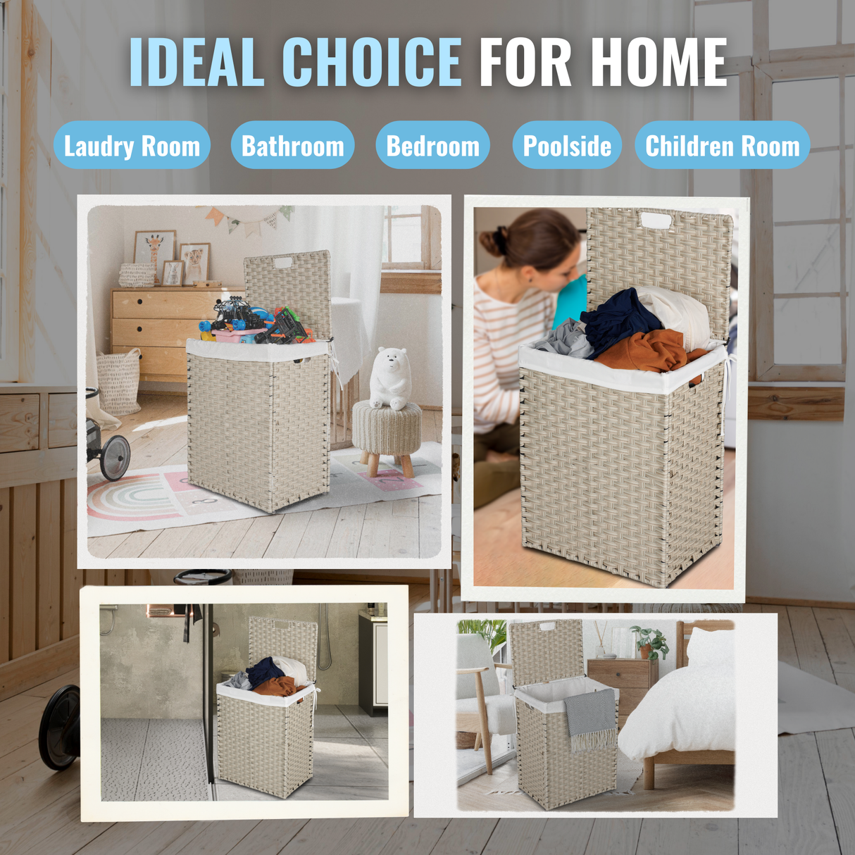 Laundry Hamper With Lid PE Rattan Powder Coating Frame Clothes Hampers with 02 Removable Bags, 100L, Grey Color - V.I.P Digital Presence