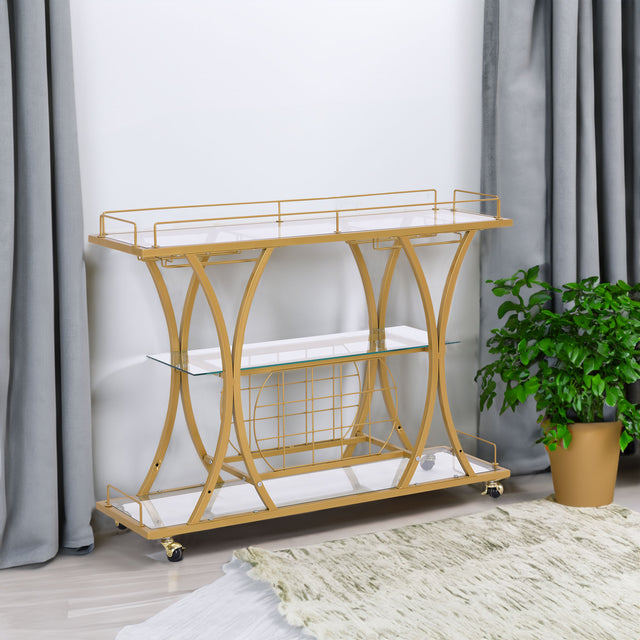 Golden Bar Cart with Wine Rack Tempered Glass Metal Frame Wine Storage - V.I.P Digital Presence