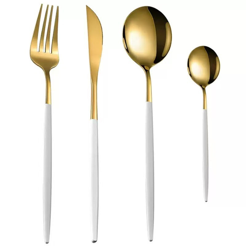 Stainless Steel Cutlery Set with Portuguese Gold Spray Painted Steak Knife, Fork, Spoon, and Tea Spoon 4-Piece Gift Pack - V.I.P Digital Presence