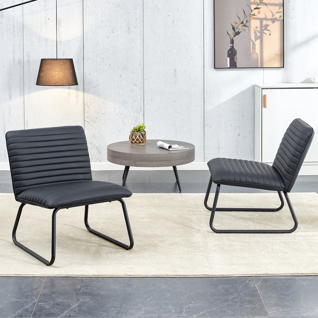 Black minimalist armless sofa chair with PU backrest paired with black metal legs