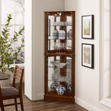 Corner Curio Dispaly Cabinet with Lights, Adjustable Tempered Glass Shelves, Mirrored Back,Walnut(E26 light bulb not included) - V.I.P Digital Presence