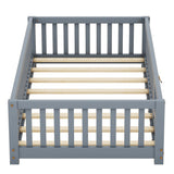 Twin Size Bed Floor Bed with Safety Guardrails and Door for Kids, Gray - V.I.P Digital Presence