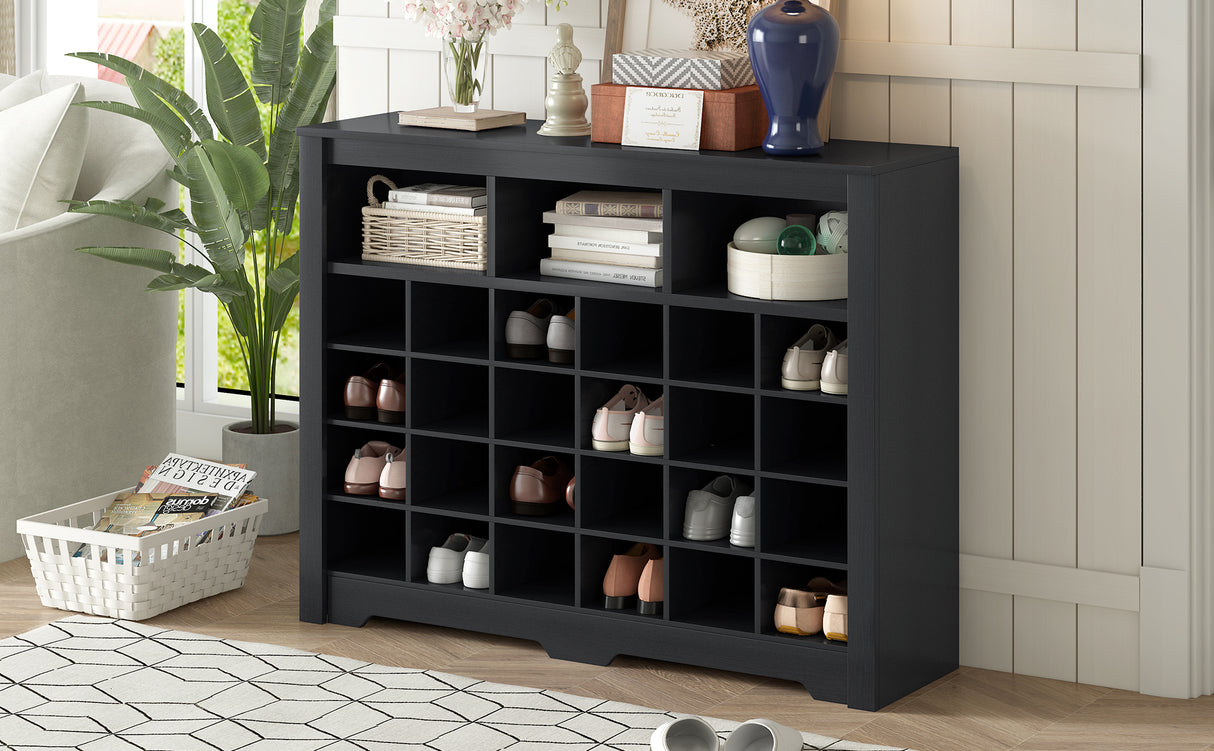 ONTREND Sleek Design 24 shoe cabinet, modern shoe cabinet with curved base, high-quality multifunctional side panel, black - V.I.P Digital Presence