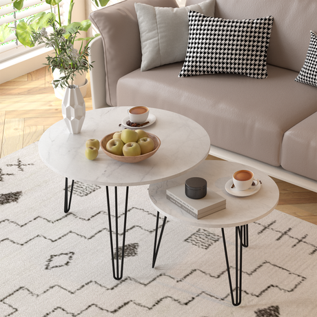 27.56'' Round Nesting Coffee Table Set of 2, Circular Nesting End Table Set Sturdy Metal Base for Living Room, bedroom, White - V.I.P Digital Presence