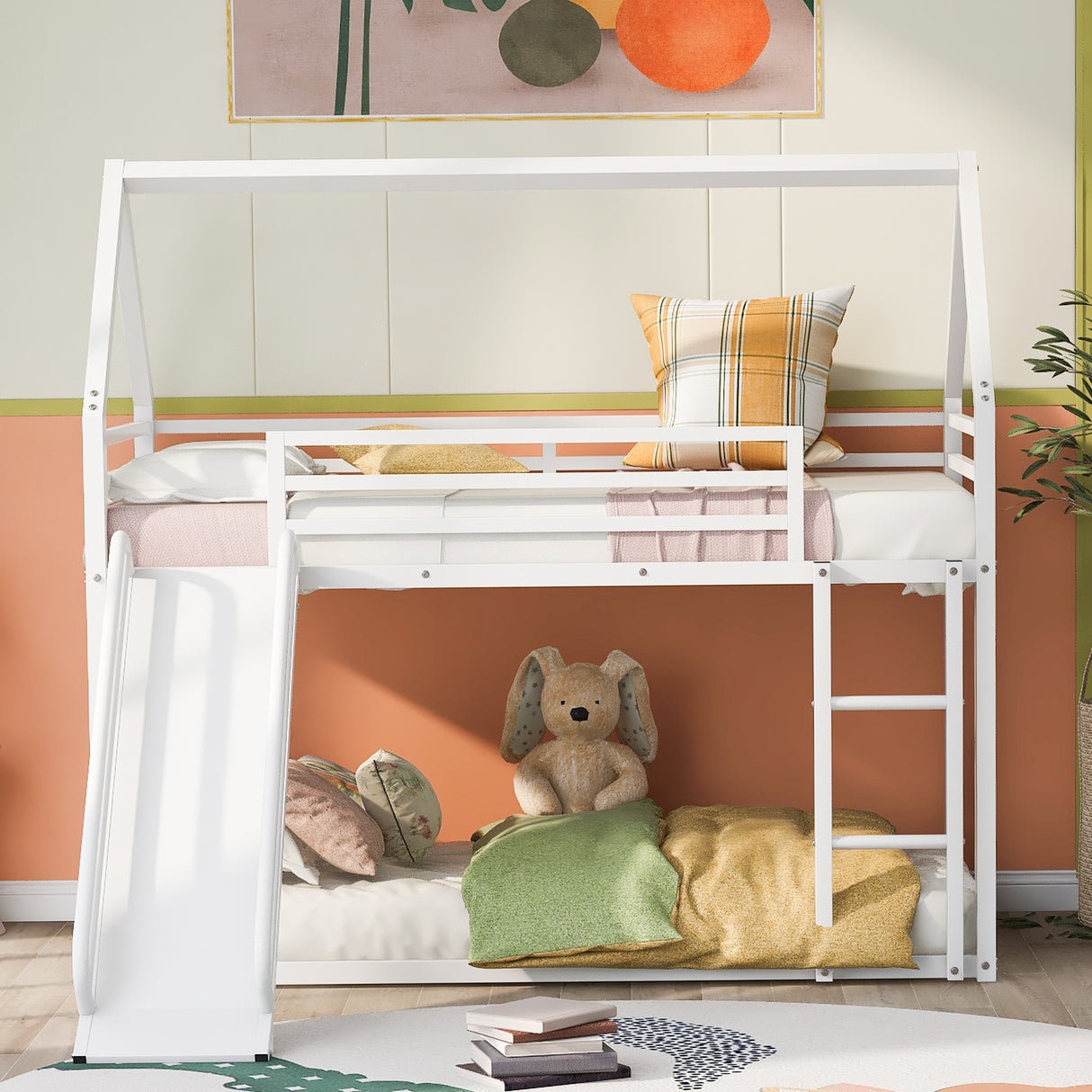 Twin over Twin House Bunk Bed with Ladder and Slide,White - V.I.P Digital Presence