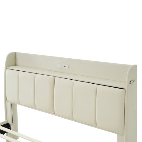 Large floating bed frame with storage headboard, touch sensor, night light and USB charger, padded platform bed, beige color - V.I.P Digital Presence
