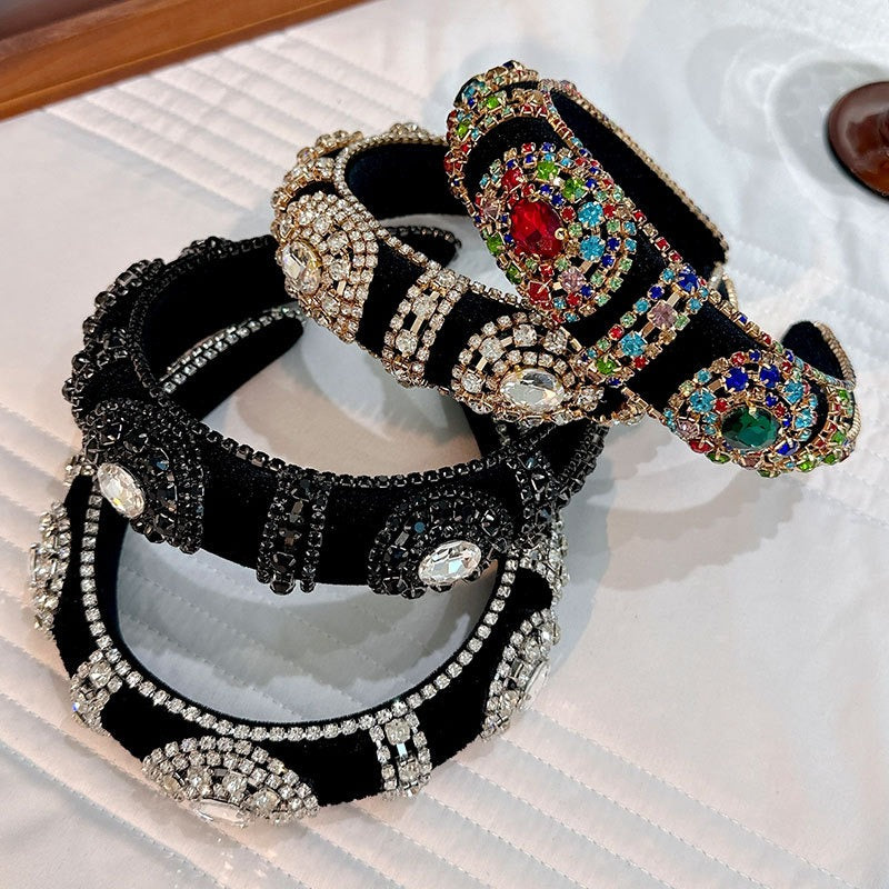 Fashionable retro golden velvet hair hoop with super sparkling color rhinestone sponge head hoop - V.I.P Digital Presence