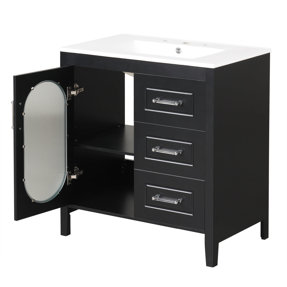 30" Bathroom Vanity with Sink, Bathroom Vanity Cabinet with Two Drawers and Door, Adjustable Shelf, Solid Wood and MDF, Black - V.I.P Digital Presence