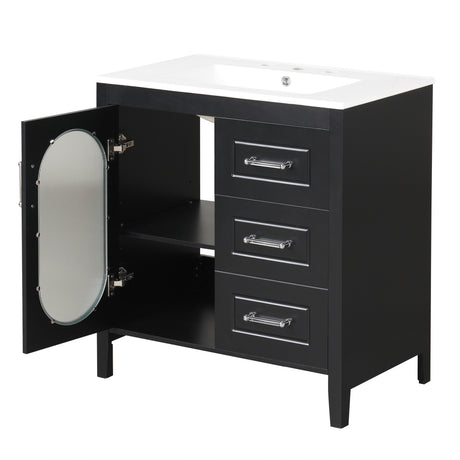 30" Bathroom Vanity with Sink, Bathroom Vanity Cabinet with Two Drawers and Door, Adjustable Shelf, Solid Wood and MDF, Black - V.I.P Digital Presence