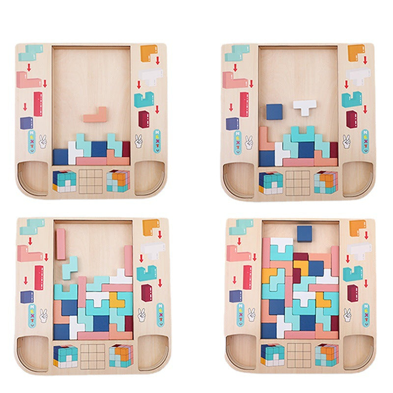 Juego de rompecabezas de pensamiento espacial multifuncional de iluminación para niños de madera, bloques de construcción tres en uno Tetris