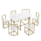TOPMAX Modern 7-Piece Dining Table Set with Faux Marble Compact 55Inch Kitchen Table Set for 6  Golden+White