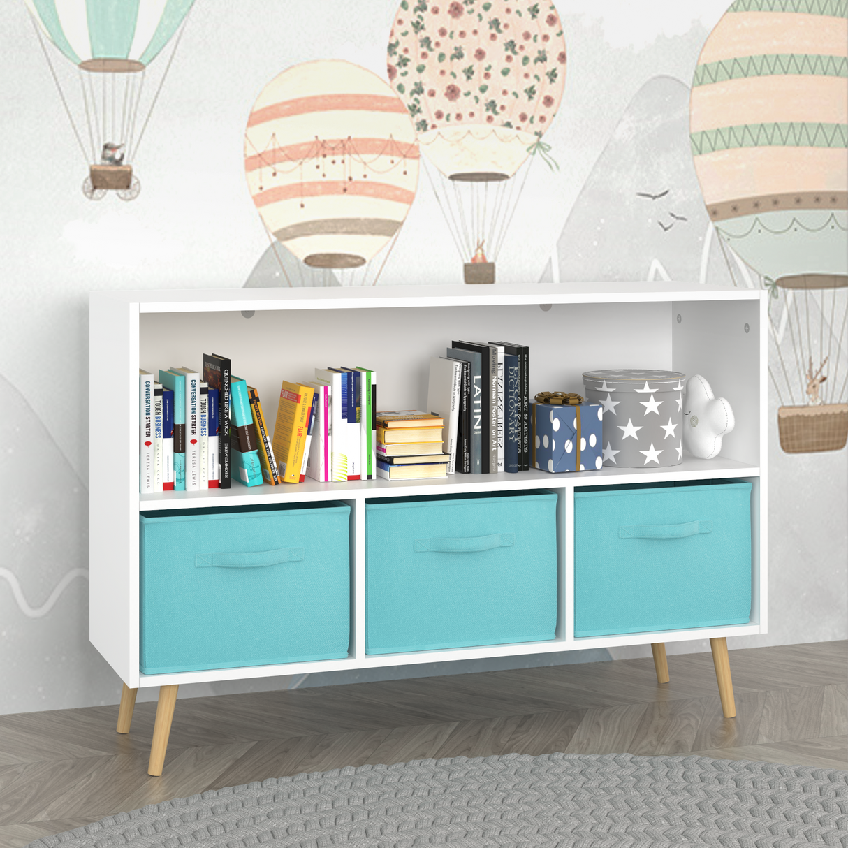Kids bookcase with Collapsible Fabric Drawers Children's Book Display Toy Storage Cabinet Organizer White/Blue