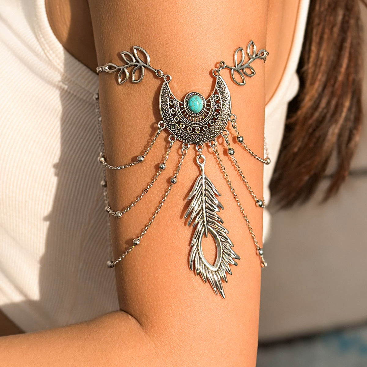 Bohemian metal chain jewelry arm chain punk retro dream catcher net leaf tassel open arm bracelet - V.I.P Digital Presence
