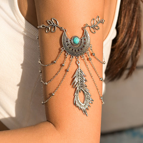 Bohemian metal chain jewelry arm chain punk retro dream catcher net leaf tassel open arm bracelet - V.I.P Digital Presence
