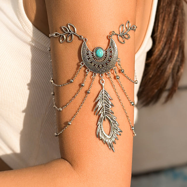 Bohemian metal chain jewelry arm chain punk retro dream catcher net leaf tassel open arm bracelet - V.I.P Digital Presence