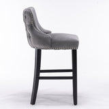 Velvet padded wing back bar stool with button tuft decoration and wooden leg chrome nail head decoration 2-piece set (gray)