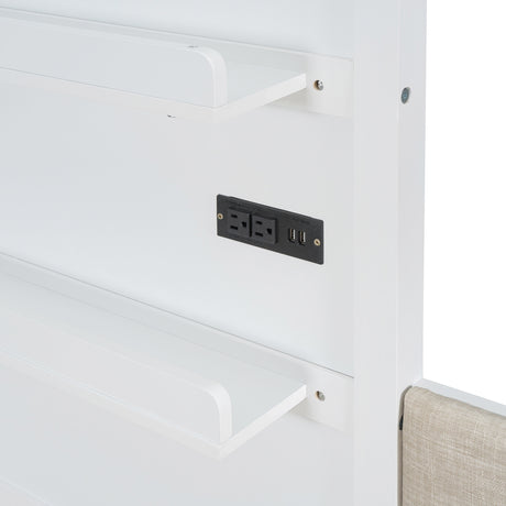 Twin Size House Bed with Upholstered Sofa, House Bed with Charging Station, Wireless Charging, Shelves and Two Drawers, White - V.I.P Digital Presence