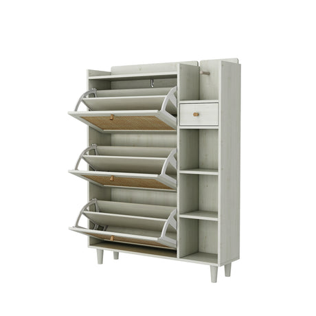 Natural Bohemian style shoe cabinet with 3 rattan flip drawers, 3 square shelves, and 1 storage drawer, white - V.I.P Digital Presence
