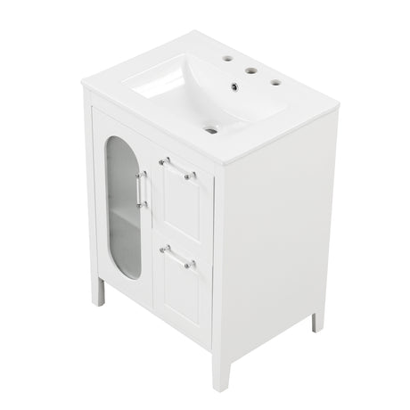 24" Bathroom Vanity with Sink, Bathroom Vanity Cabinet with Two Drawers and Door, Adjustable Shelf, Solid Wood and MDF, White - V.I.P Digital Presence