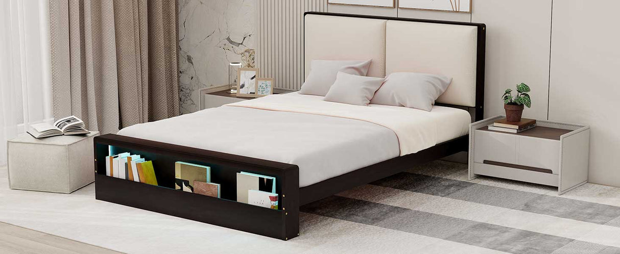 Queen Size Platform Bed Frame with Upholstery Headboard and Bookshelf in Footboard and LED Light Strips, Espresso - V.I.P Digital Presence