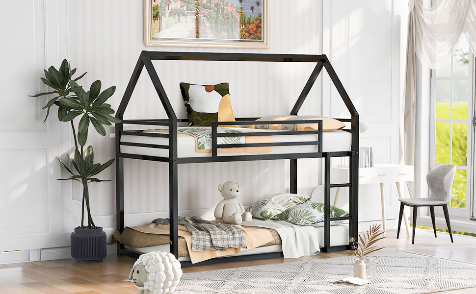 Twin over Twin House Bunk Bed with Built-in Ladder,Black - V.I.P Digital Presence