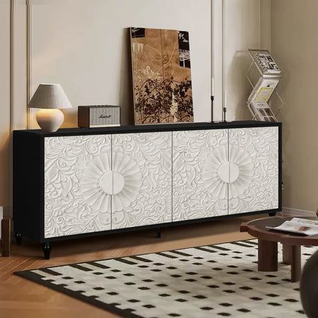 Vintage White Large Faceted Carved And Spliced Doors Combined With Black Frames For TV Stand Table,Sideboards, Accent Cabinets - V.I.P Digital Presence