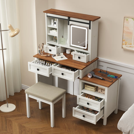 46.5-inch dressing table with adjustable LED lighting mirror and charging station, equipped with soft cushioned stool - V.I.P Digital Presence