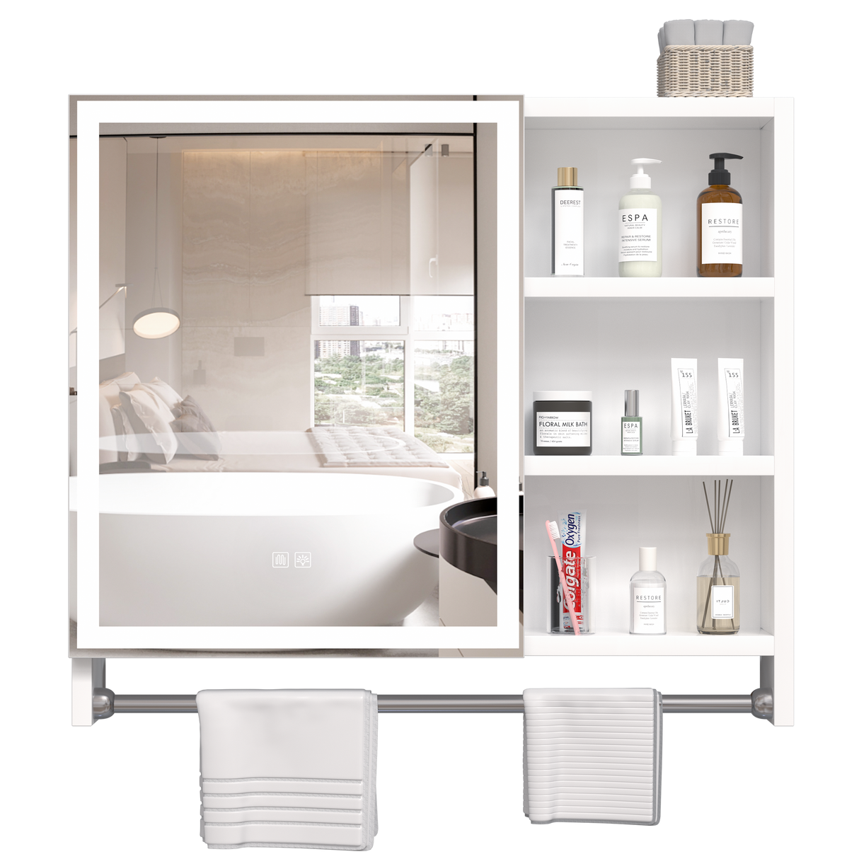 Modern 32x28 inch bathroom storage cabinet with mirrors, LED lights, multi-layer storage compartments, and towel racks - V.I.P Digital Presence