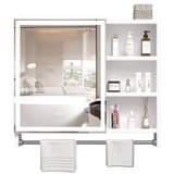 Modern 32x28 inch bathroom storage cabinet with mirrors, LED lights, multi-layer storage compartments, and towel racks - V.I.P Digital Presence