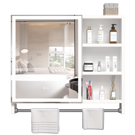 Modern 32x28 inch bathroom storage cabinet with mirrors, LED lights, multi-layer storage compartments, and towel racks - V.I.P Digital Presence