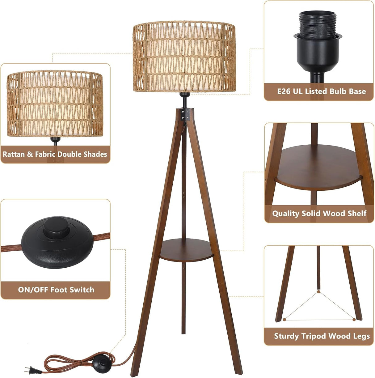 Boho Tripod Floor Lamp with Shelves, Mid Century Wood Standing Lamp with Rattan & Fabric Shades, ON/Off Foot Switch Office - V.I.P Digital Presence
