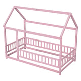 Twin Size Floor Wooden Bed with House Roof Frame, Fence Guardrails,Pink - V.I.P Digital Presence