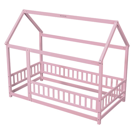 Twin Size Floor Wooden Bed with House Roof Frame, Fence Guardrails,Pink - V.I.P Digital Presence