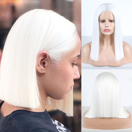 White Color Synthetic Hair Lace Part Wigs with Baby Hair Straight Hair Short BoB T Lace Wigs - V.I.P Digital Presence