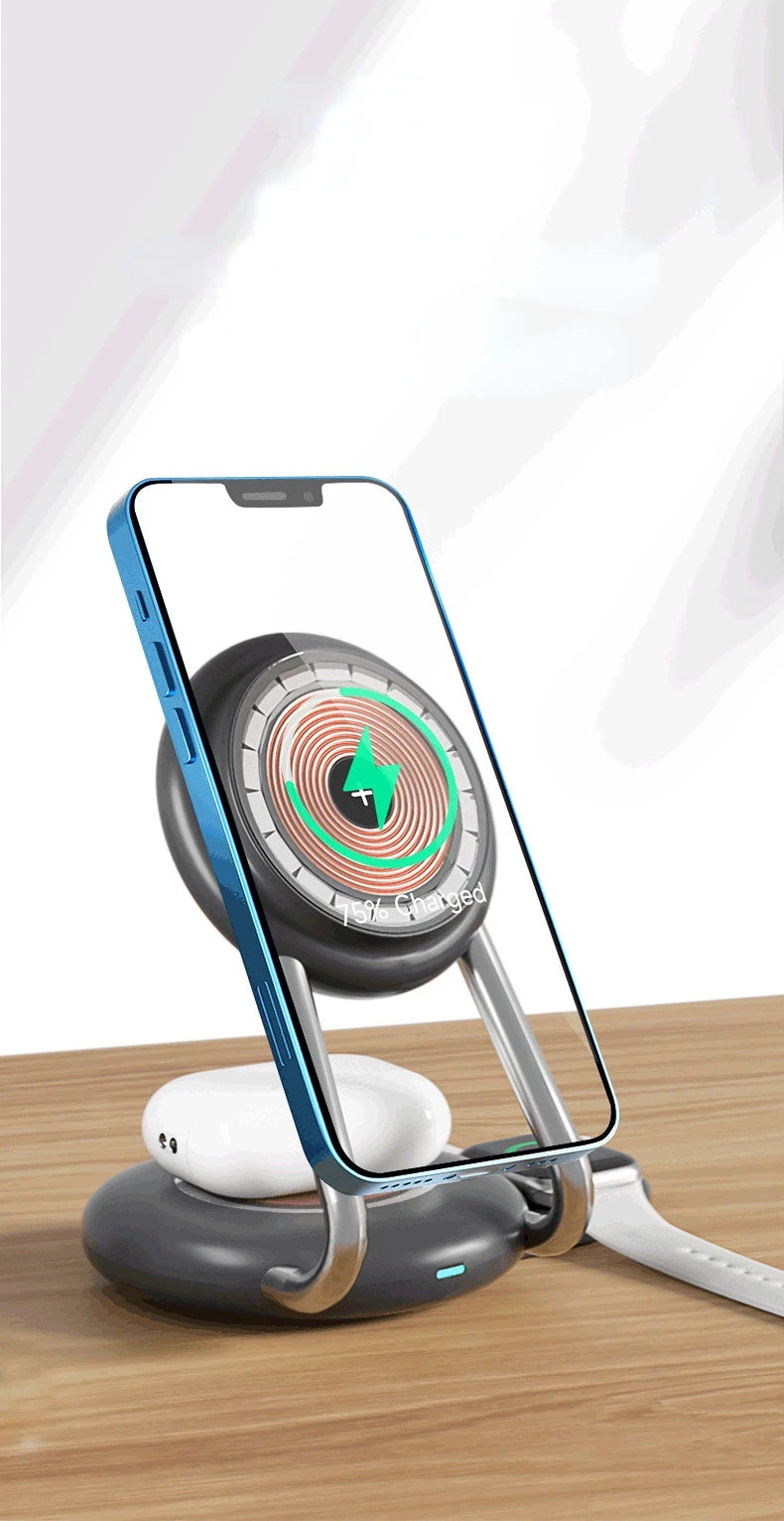 3 IN 1 Desk Magnet Stand 15W Fast Wireless Charger For Apple Watch iPhone 14 13 12 11 Pro Max 13 12 Mini Samsung S23 S22 Qi Base - V.I.P Digital Presence