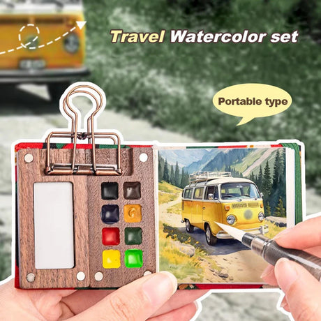 Mini watercolor paint box and small notebook Mingke 8-color wooden box mini drawing board solid watercolor painting - V.I.P Digital Presence