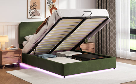 Large hydraulic storage bed with soft cushion lifting storage bed with RGB LED lights, Bluetooth speaker lychee velvet, green - V.I.P Digital Presence