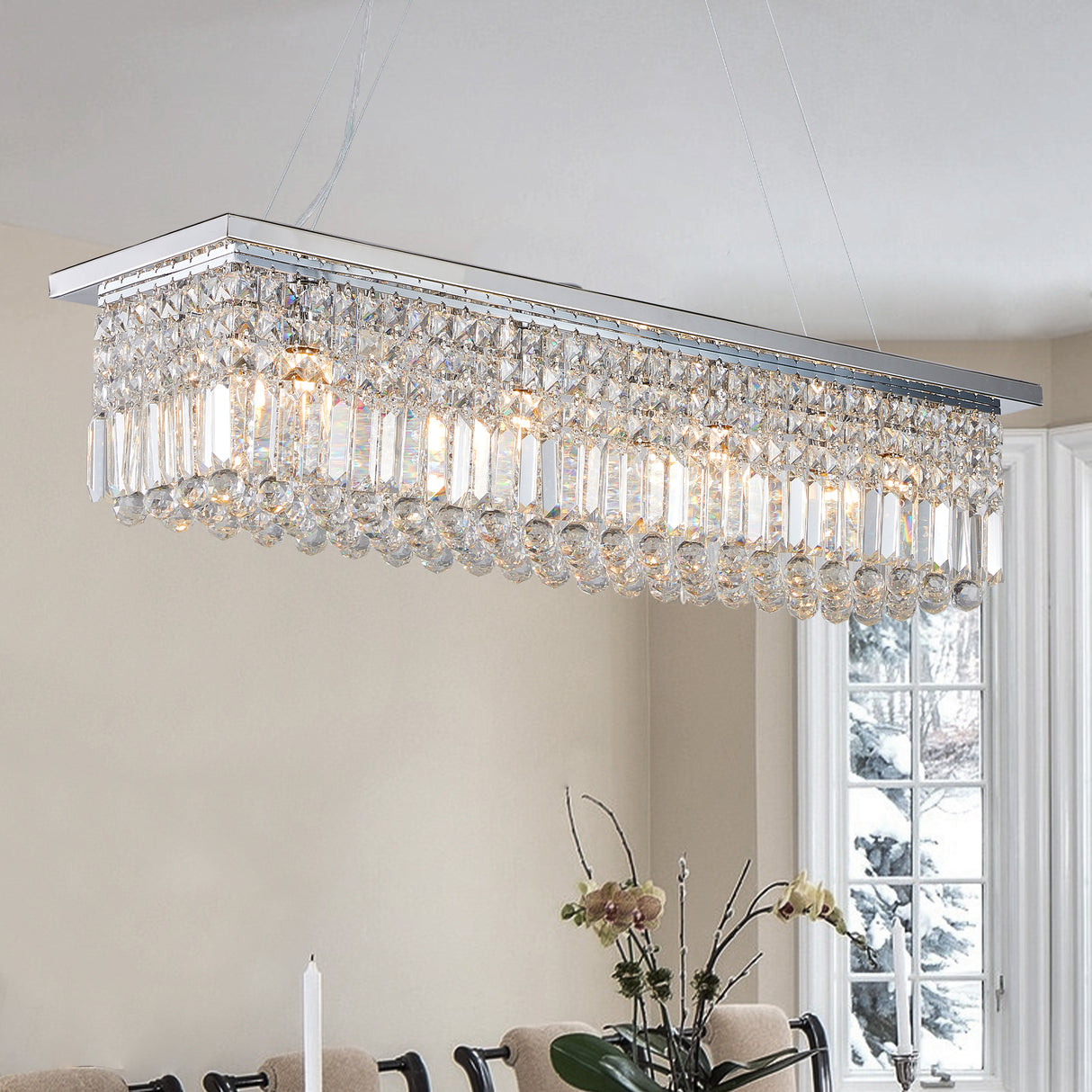 Modern Crystal Chandelier for Dining Room 8-Light White Rectangle Raindrop L39.4'' x W9.8'' x H8.7'(Bulb Not Included) - V.I.P Digital Presence