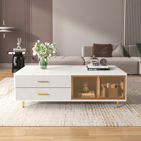 Modern White Coffee Table with 2 Glass Door Storage, 4 Drawers, Gold Metal Legs, and Multi-Color Lighting in 47.2' - V.I.P Digital Presence