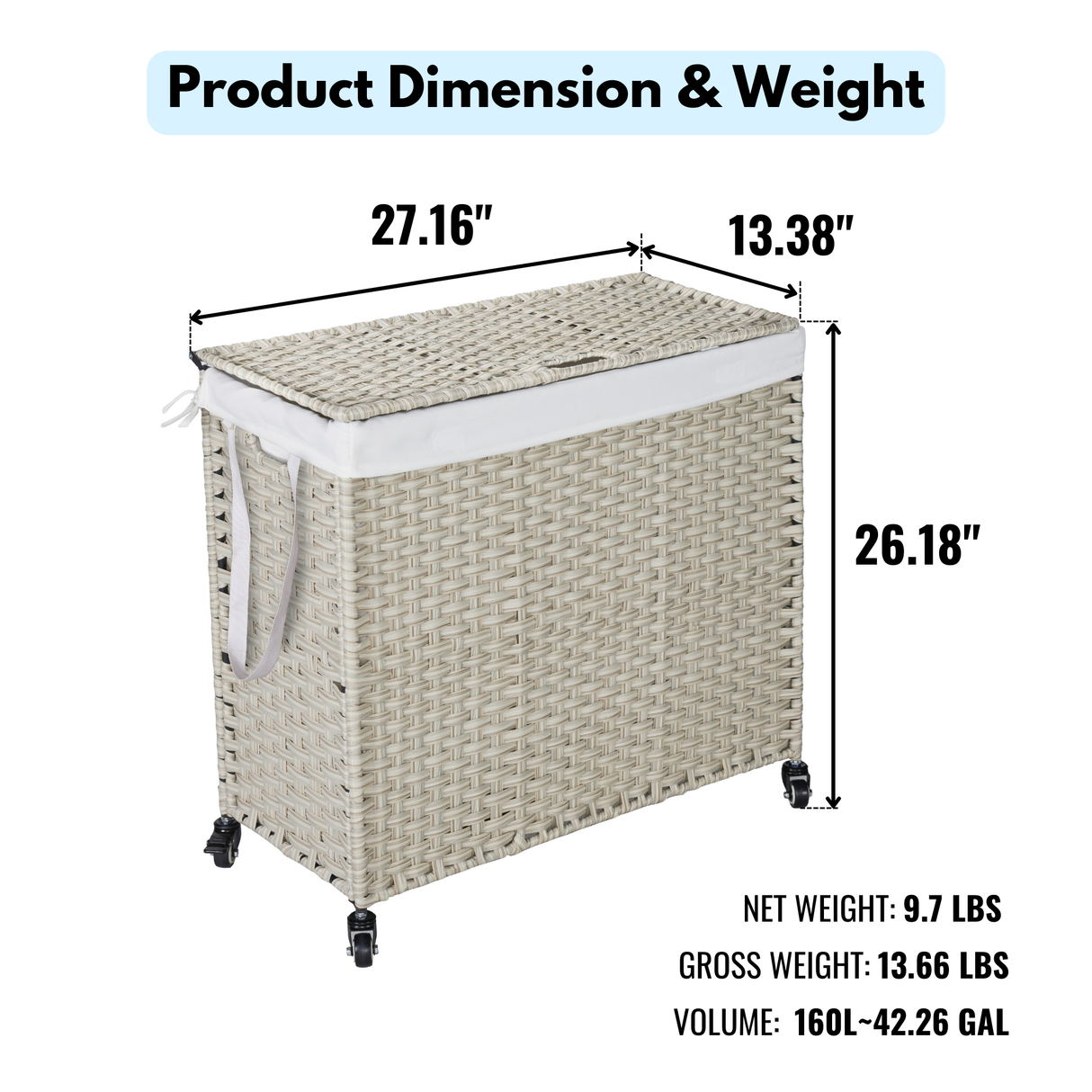 Laundry Hamper With Lid PE Rattan Powder Coating Frame Clothes Hampers with 02 Removable Bags, Wheels, 160L, Grey Color - V.I.P Digital Presence
