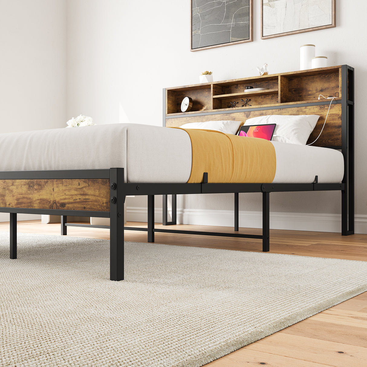 Full Size Bed Frame with Storage Headboard Metal Platform Bed with Charging Station Black - V.I.P Digital Presence